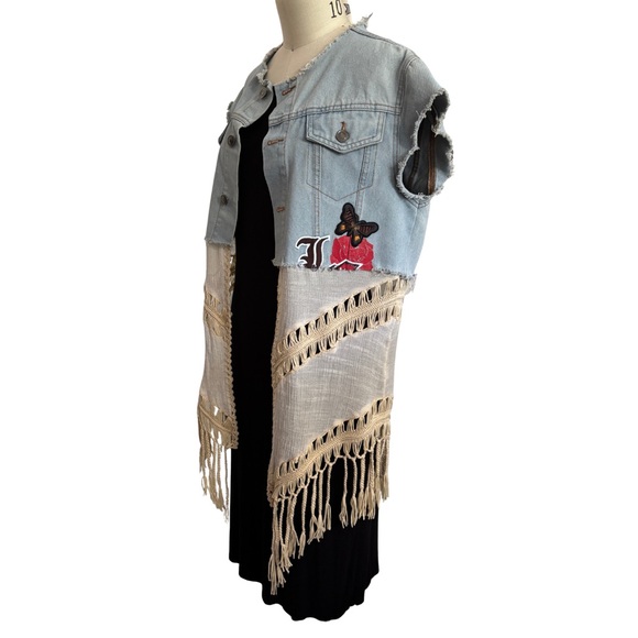 Customized Rockstar Denim Vest Jacket with Crochet and Braided Detail w/ Patches - Picture 2 of 12